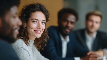 Obraz premium Focusing Face in Meeting: A close-up view of a beautiful woman smiling confidently during a work meeting, surrounded by colleagues in a modern office, embodying success and collaborative spirit.