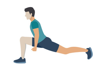 Man in teal shirt and blue shorts doing a lunge exercise fitness stretching