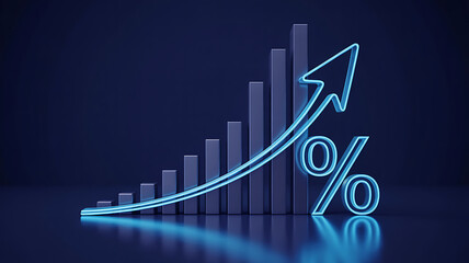 Glowing neon arrow and percentage sign ascending over bar chart