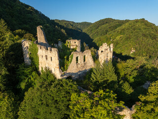 Aerial View of Ruins of an Old Fortress in the Forested Hills near Samobor, Croatia
