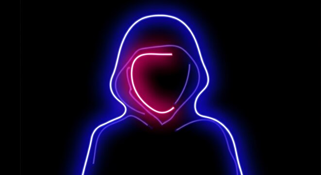 Anonymous figure in neon blue and pink hoodie against black background