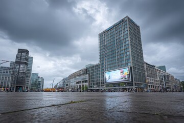 Alexanderplatz Berlin city center scene with pure white billboard panel, urban building facade and moving crowd in sunlight