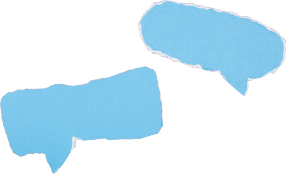 Blue paper speech bubbles with torn edges isolated on white background for communication or dialogue concepts