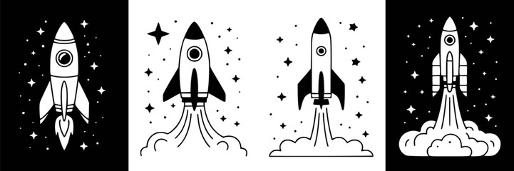 Black and white rocket illustrations with stars and smoke space launch