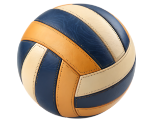 Close up shot of a volleyball with blue tan and cream panels stitched together on a black background