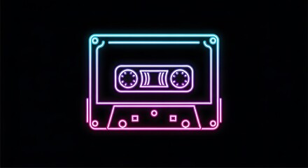 Obraz premium Retro neon cassette tape icon on black background