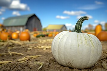 Close-up of a white pumpkin on the ground in the foreground, with a farm, barn, and additional pumpkins in the background, against a blue sky.