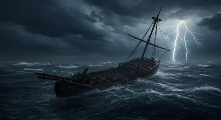 Ancient sailing ship battling a fierce lightning storm at sea