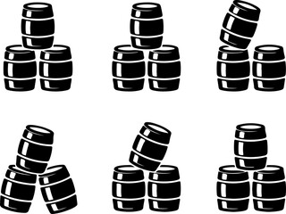 6 unique black silhouette vector illustrations of stacked beer kegs in different arrangements 
