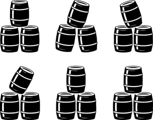 6 unique black silhouette vector illustrations of stacked beer kegs in different arrangements 