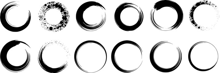 Black ink brush stroke circles and dots white