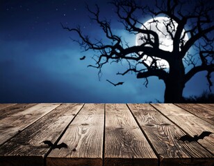 Dark spooky wooden table with a moonlit night background