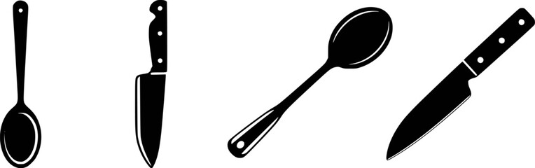 Black kitchen utensils including spoons and knives knife kitchenware