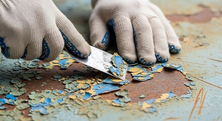 A worker's hand in a protective glove using a scraper to remove old, flaking blue paint from a rusty metal surface during renovation.