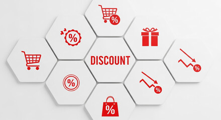 Hexagon tiles showcase discount concept with shopping cart, gift, percentage icons and price reduction graph symbolizing retail sales promotions and offers