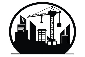 Obraz premium Silhouette of City Skyline with Buildings and Construction Crane Within a Circle