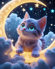 A cute kitten with blue eyes sits nestled in a crescent moon surrounded by fluffy clouds and twinkling stars.