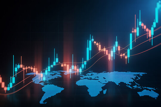 Global financial markets trading chart with world map overlay