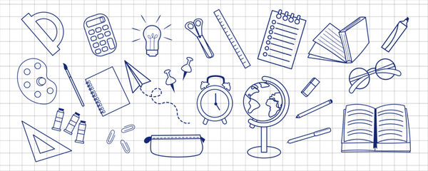 Set of hand-drawn school and education vector illustration in doodle style. Globe, books, ruler, scissors, paper plane, calculator, notebook, pen, palette. Perfect for back to school, kids education.