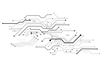 Electronic circuit with empty space on white background. Dots and lines connection circuit design