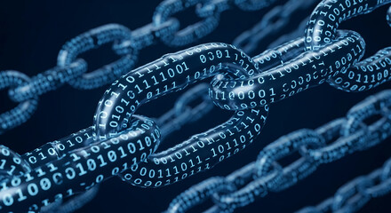 Interlinked chain links composed of binary code, symbolizing data security, blockchain technology, or digital connection