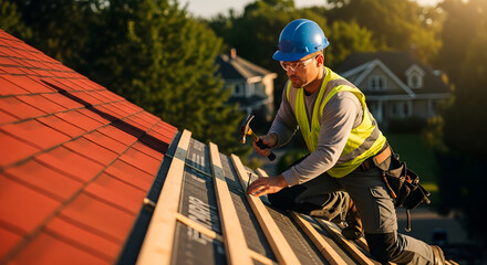 Professional Roofer Installing Wooden Battens on Tiled Roof, Wearing PPE, Suitable for Stock Use in Roofing Services, DIY Guides, or Contractor Websites, Digital Ads