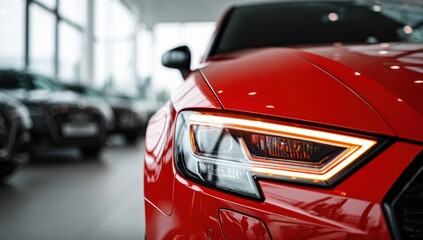 A vibrant red vehicle with illuminated headlights is showcased in a dealership, highlighting its sleek design and modern features.