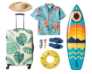 Flat lay of travel items including a suitcase shirt surfboard and beach accessories ready for vacation