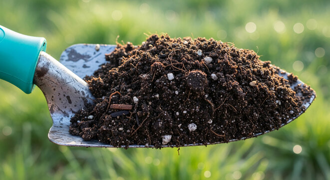 Close-up of dark soil on a gardening trowel against a blurred green background, showcasing the texture and richness of earth, symbolizing growth, nature, and spring planting
