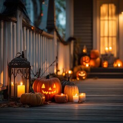 Spooky Halloween Decorations with Lit Pumpkins and Candles on Porch