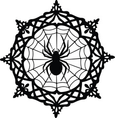 Fototapeta premium Spooky black spider in a web with decorative frame for Halloween design