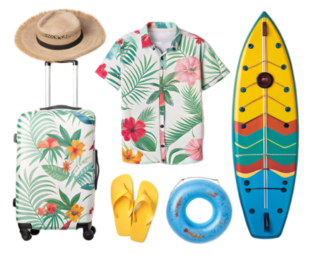 A collection of summer vacation items including a suitcase, shirt, surfboard, and beach accessories