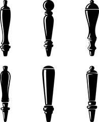 6 unique black silhouette vector illustrations of traditional beer tap handles 