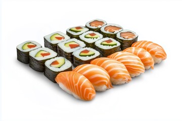 Fresh salmon sushi and avocado rolls set on white background.