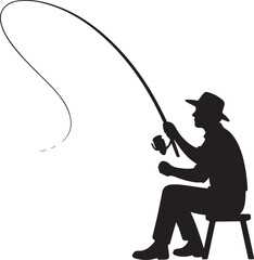 Obraz premium Silhouette of a man fishing with a bent rod and reel on a white background vector