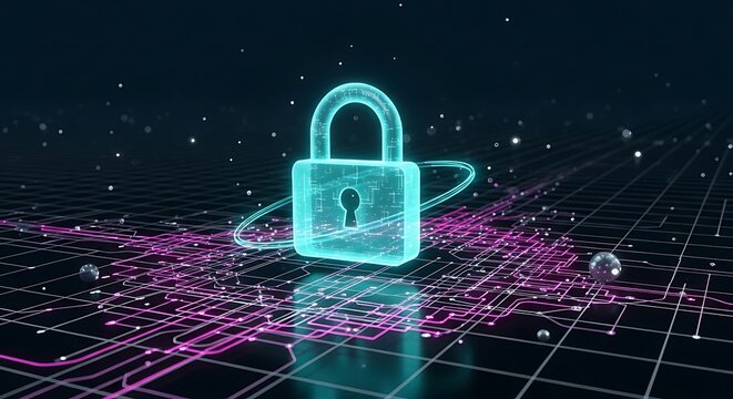 Cybersecurity: Futuristic Holographic Padlock on Digital Circuit Board, Abstract Network Security Concept. - Powered by Adobe