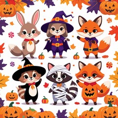Naklejka premium Cute Halloween Animal Characters in Costumes — Witch Bunny, Vampire Fox, Mummy Raccoon, Pumpkin Cat 