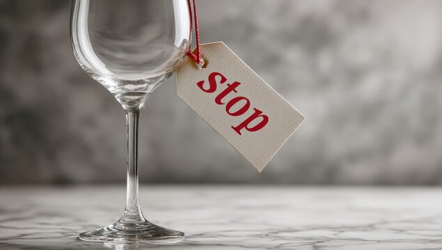 A wine glass with a tag reading "stop" symbolizes abstaining from alcohol, conveying a message of moderation and self-control.