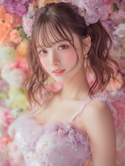 Young woman in pastel dress with floral background and soft light. Romantic portrait of a elegant female model
