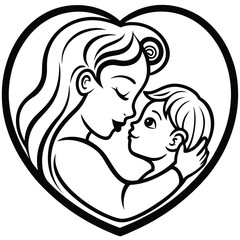 Black and white graphic of a mother holding her child within a heart shape baby family