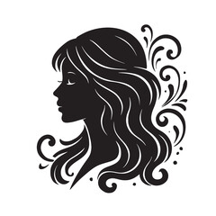 Black silhouette of a woman with long wavy hair and decorative swirl accents, isolated on a white background.
