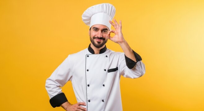 Confident chef with beard and mustache gives an OK gesture, wearing professional chef uniform against a vibrant yellow background