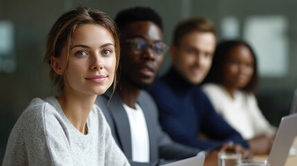 Obraz premium Leadership in Focus: A confident business professional leads the way, surrounded by a diverse team, poised for collaboration and strategic discussions.