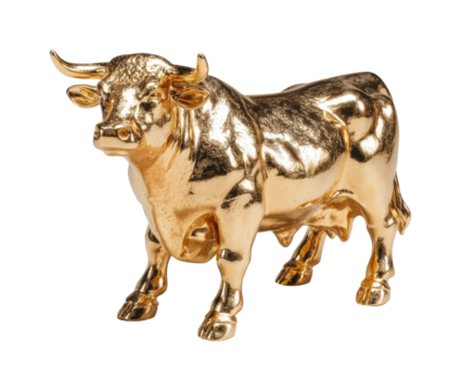 Golden bull figurine showcase decorative sculpture home interior view isolated on transparent background, png