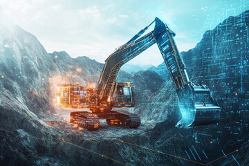 Futuristic mining equipment excavates in a digital landscape Generative AI