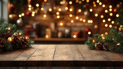 Empty wooden board on a cozy Christmas kitchen background with glowing garlands, warm festive lights, and seasonal decorations, perfect for holiday cooking and celebration themes. Banner copy space