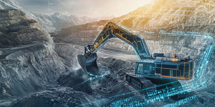 Futuristic mining equipment at work in a mountainous landscape Generative AI
