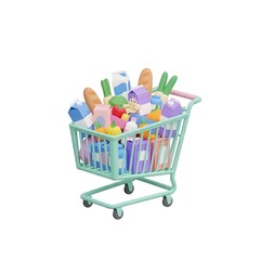 Shopping Cart Overloaded: A vibrant image depicts a shopping cart overflowing with an array of fresh groceries, showcasing an abundance of everyday necessities for the home, ready for consumption.