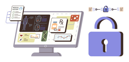 Computer screen displays medical data thumbs up patient history, prescriptions, and diagnostics. Lock and encryption elements represent data privacy. Ideal for healthcare, IT security, data