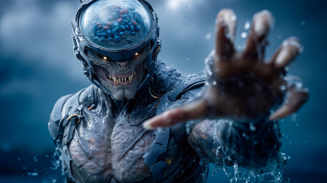 A man in a space suit with a helmet on his head in the water